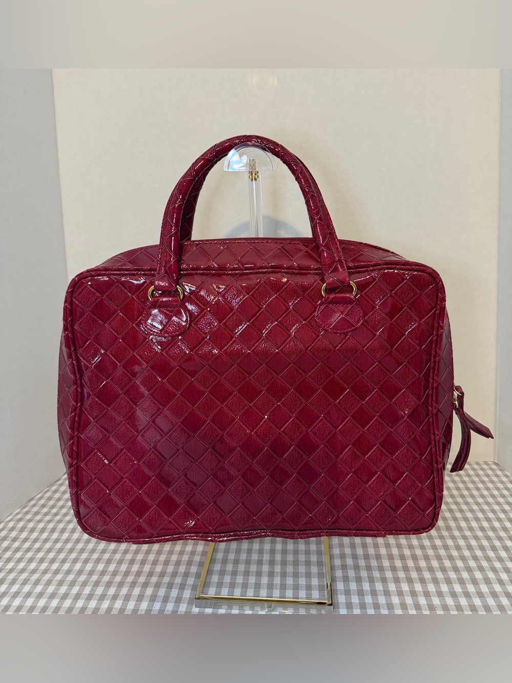 Estée Lauder Red Glossy Patent Faux Woven Leather Beauty Bag